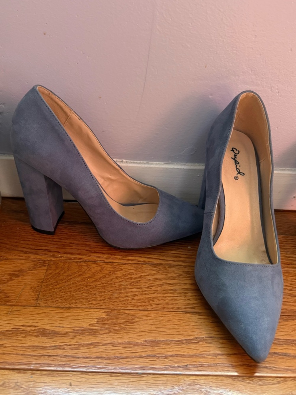 Qupid Slate Blue Pointed Block Heel Pumps